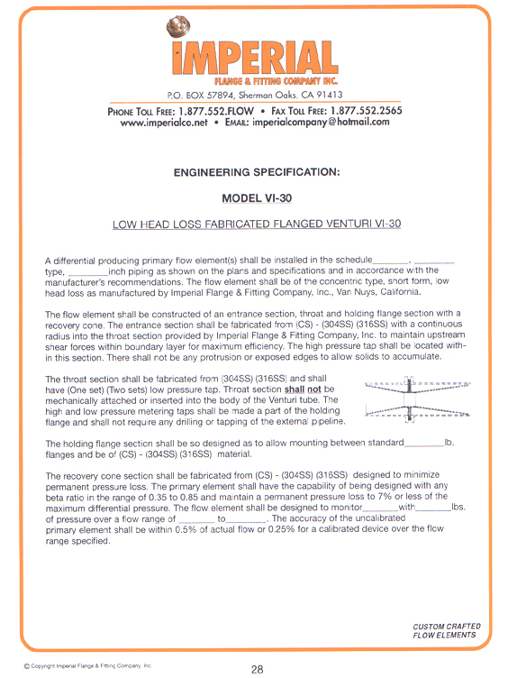 Engineering specification low head loss fabricated flanged venturi vi-30