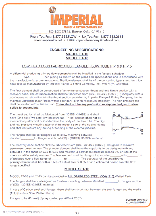 Engineering specifications low head loss fabricated flanged flow tube FT-10 and FT-15