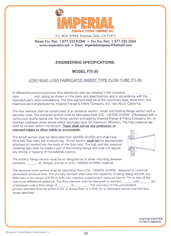 Engineering Specifications low head loss fabricated insert type flow tube FT_-30